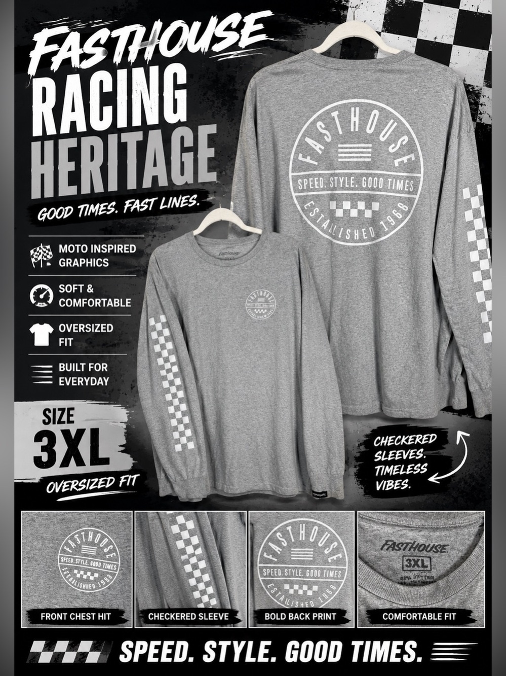 Fasthouse Gray Long Sleeve Graphic Tee 3XL Checkerboard Racing Shirt